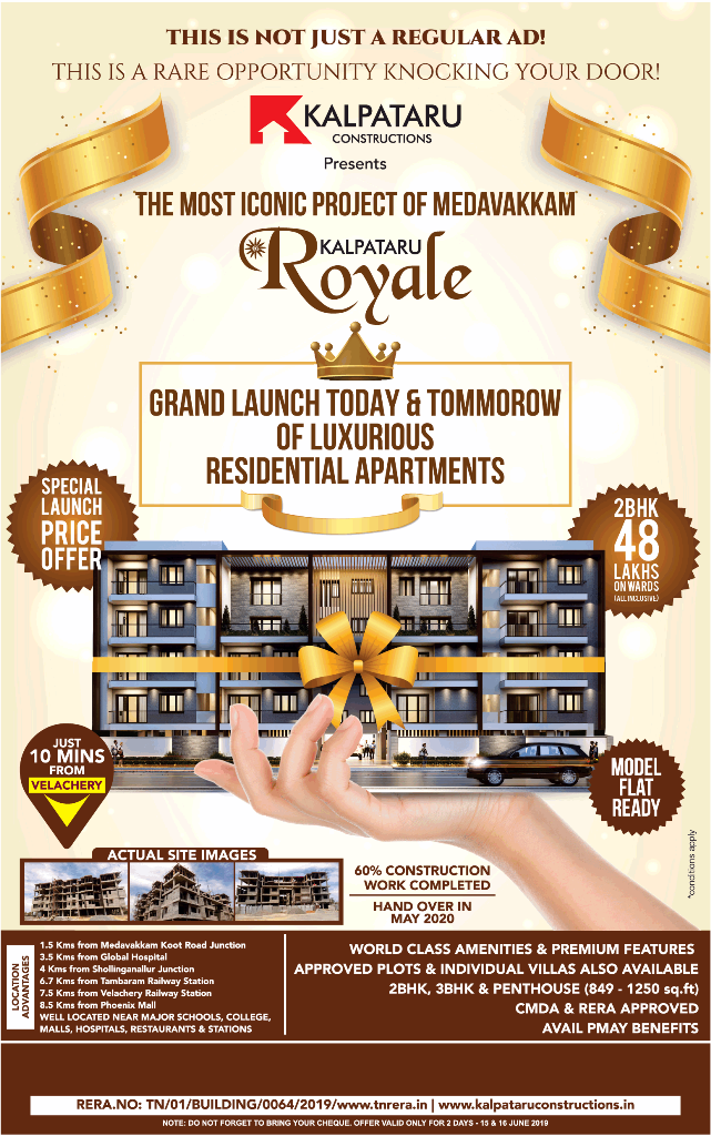 Grand launch today a tommorow residential apartments at Kalpataru Royale Chennai